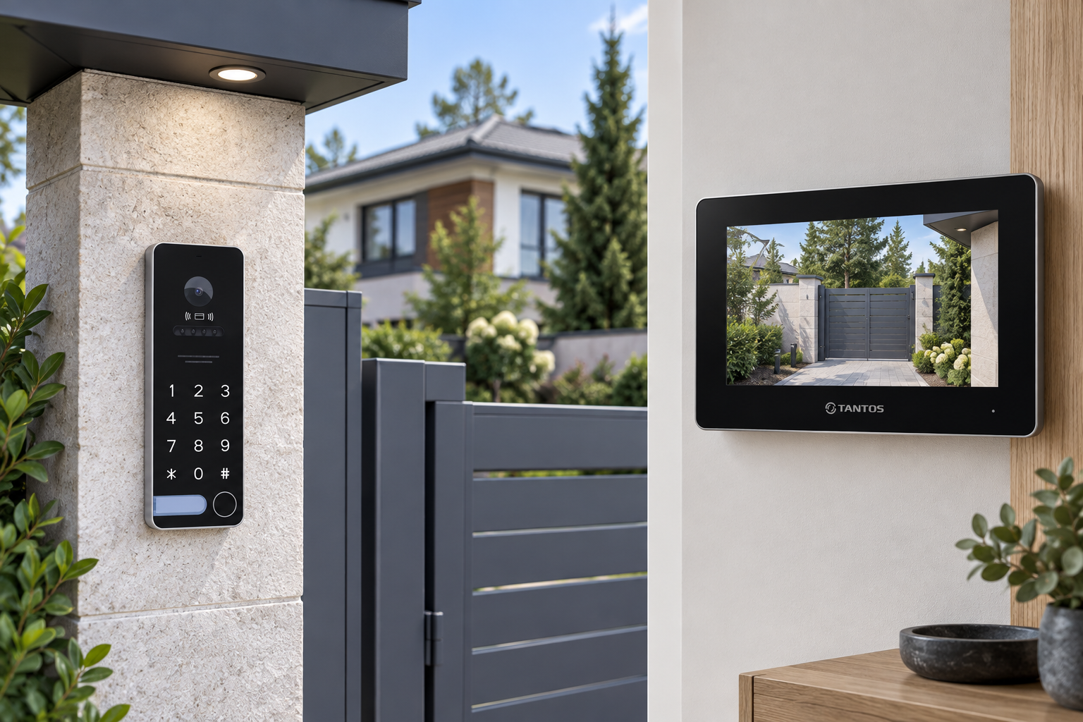 Пример Tantos NEO HD SE Tuya и iPanel 2 HD EM KBD: вызов с калитки, карта или общий код. Иллюстрация.