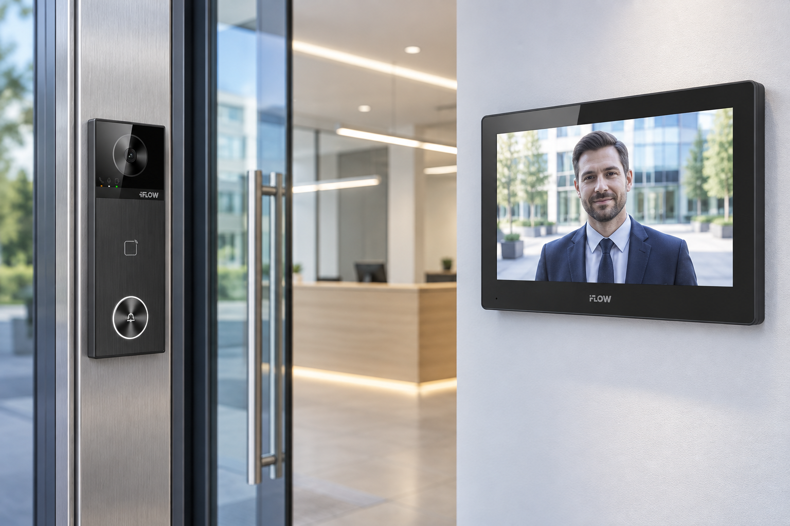 Пример iFlow F-VI-1409IPMCE1 у входа и F-VI-3562IPWE1 на ресепшене. Иллюстрация.
